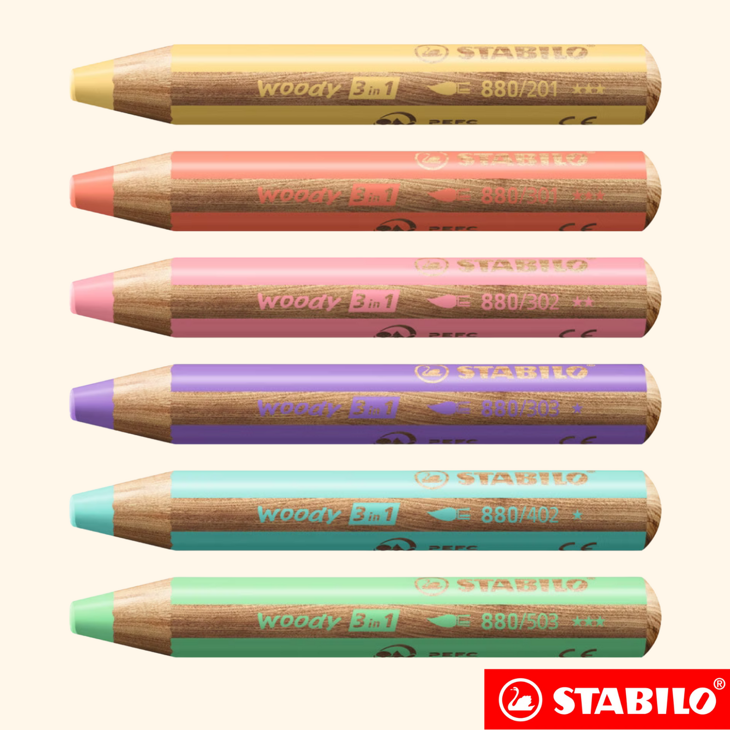Crayon original Stabilo WOODY 3 en 1 PASTEL - 6 pièces + taille crayon
