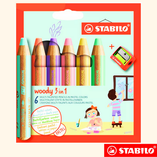 Crayon original Stabilo WOODY 3 en 1 PASTEL - 6 pièces + taille crayon