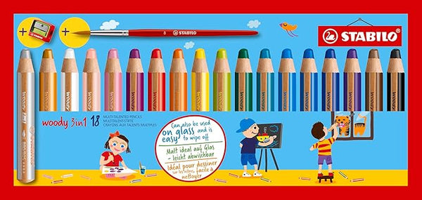 Crayon original Stabilo WOODY  - 18 pièces avec pinceau et taille crayon