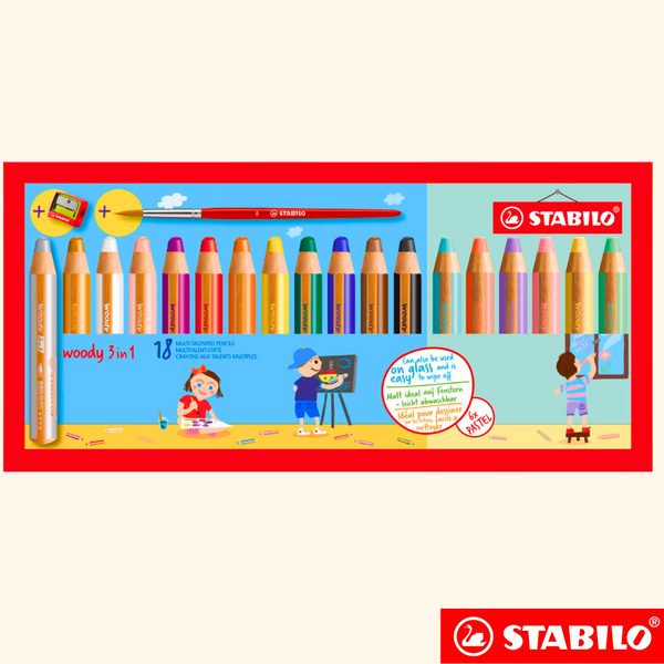 Crayon original Stabilo WOODY  - 18 pièces avec pinceau et taille crayon (PASTEL)